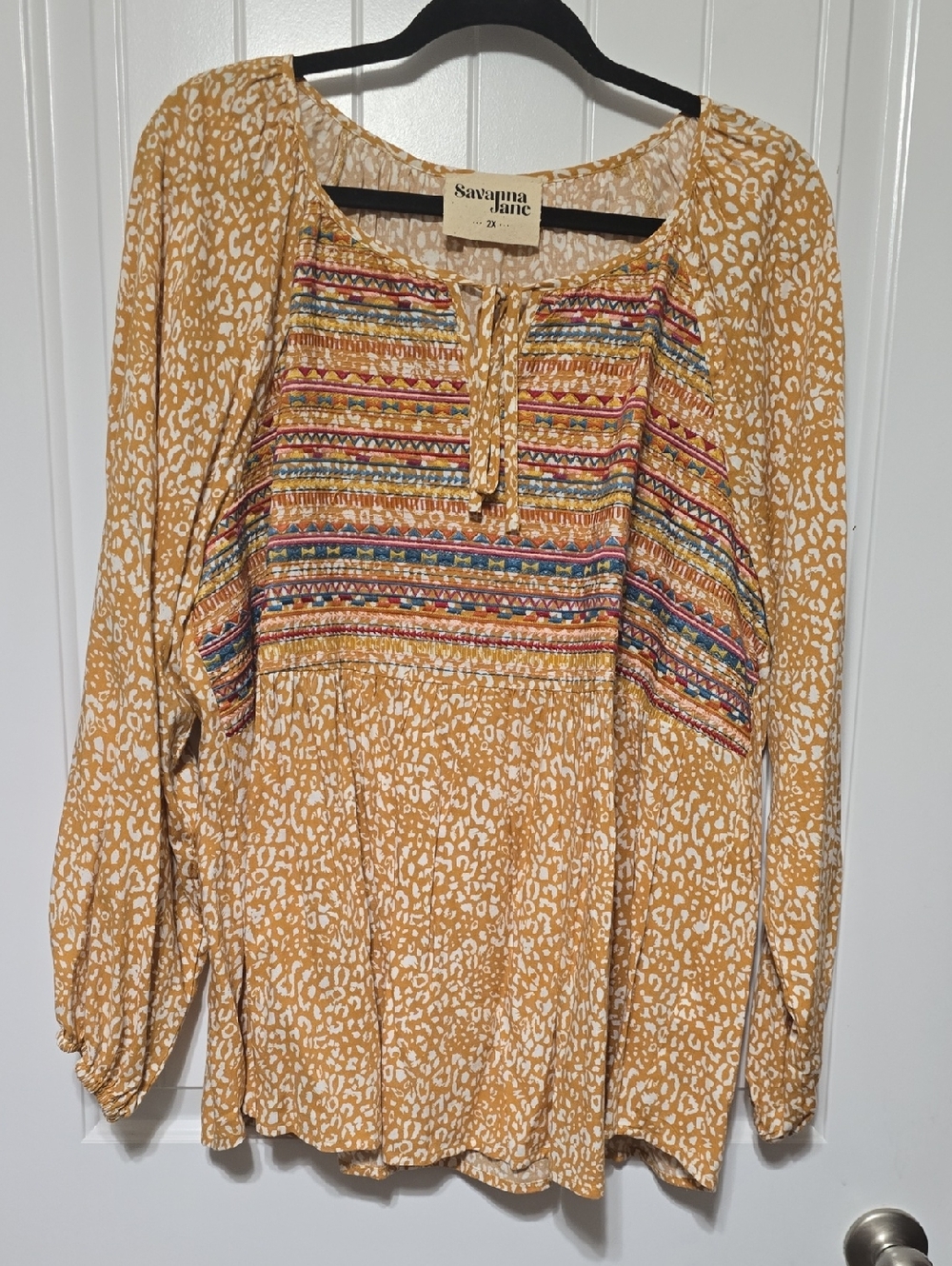 Savanna Jane Mustard & White Embroidered Peasant Top